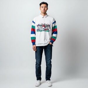 Vintage Fred Perry Rugby Shirt‎ XL Striped Sleeves Rugby Match Graphic 90s